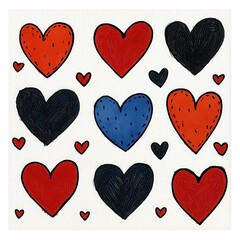 Collection of Hand Drawn Hearts in Red, Blue, and Black on Textured