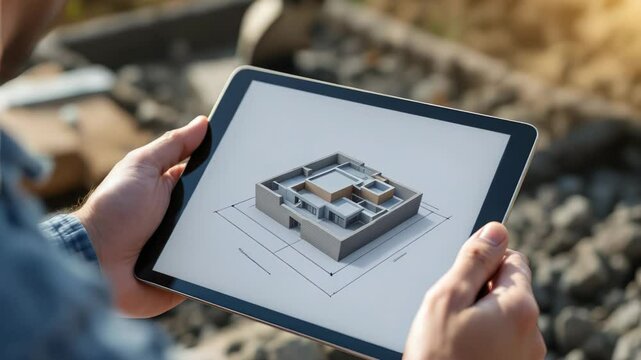 Hands holding digital tablet with detailed 3D floor plan of modern house, blurred construction site in background. Concept of architecture and innovation