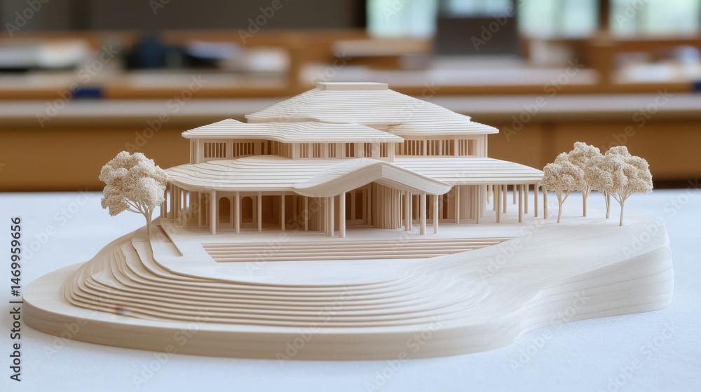 Poster a detailed wooden architectural model of a modern multi-level building with trees, displayed on a ta