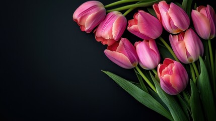 Obraz premium International Women's Day, Birthday invitation. Tulip flowers isolated on black background. Bouquet. Holiday. Congratulation. Empty Banner Image For Website, Desktop Wallpaper.