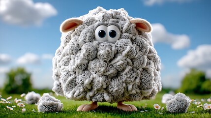Obraz premium Cartoon sheep with big eyes, standing on grass. Daisies and clouds in the background