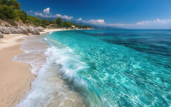 Aerial view of a rocky shoreline with clear blue ocean waves under bright daylight.