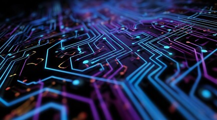 A close-up of an intricate circuit board pattern with neon blue and purple lines, representing