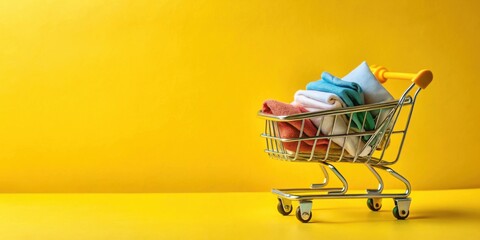 A miniature shopping cart overflowing with a colorful stack of soft, folded textiles against a vibrant yellow backdrop.