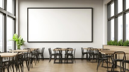 Modern cafe interior with blank display screen.