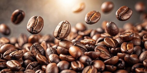 Roasted Coffee Beans in Motion A Close-Up View of Aromatic, Dark Brown Beans Falling and Resting