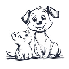 Charming Sketch Of Cartoon Dog And Cat Companions Sitting Together