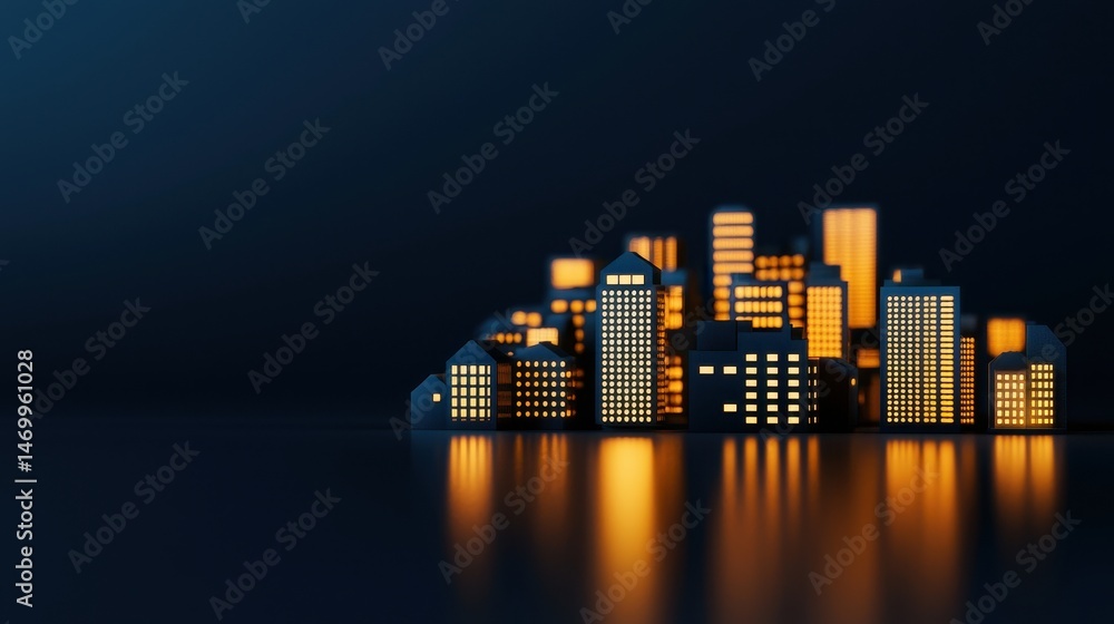 Poster a glowing miniature cityscape with illuminated windows is reflected on a glossy surface against a da