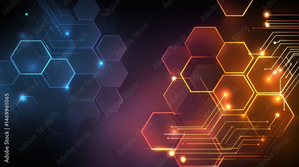 Poster abstract digital design featuring hexagonal patterns in blue and orange hues with glowing effects.