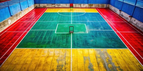 A Colorful Multi-Purpose Indoor Game Court with Faded Paint and Worn Tiles