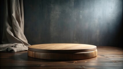 Rustic Wooden Display Platform with Draped Fabric Backdrop, Ideal for Product Showcases or Still Life Photography