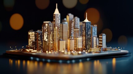 A miniature illuminated cityscape model with glowing skyscrapers and blurred lights in the background.