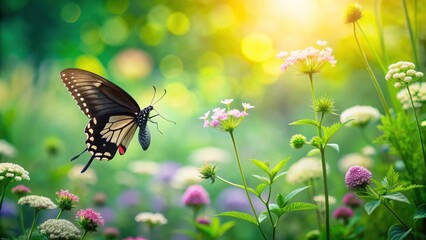 A majestic butterfly in flight, gracefully navigating a vibrant meadow of wildflowers bathed in warm sunlight