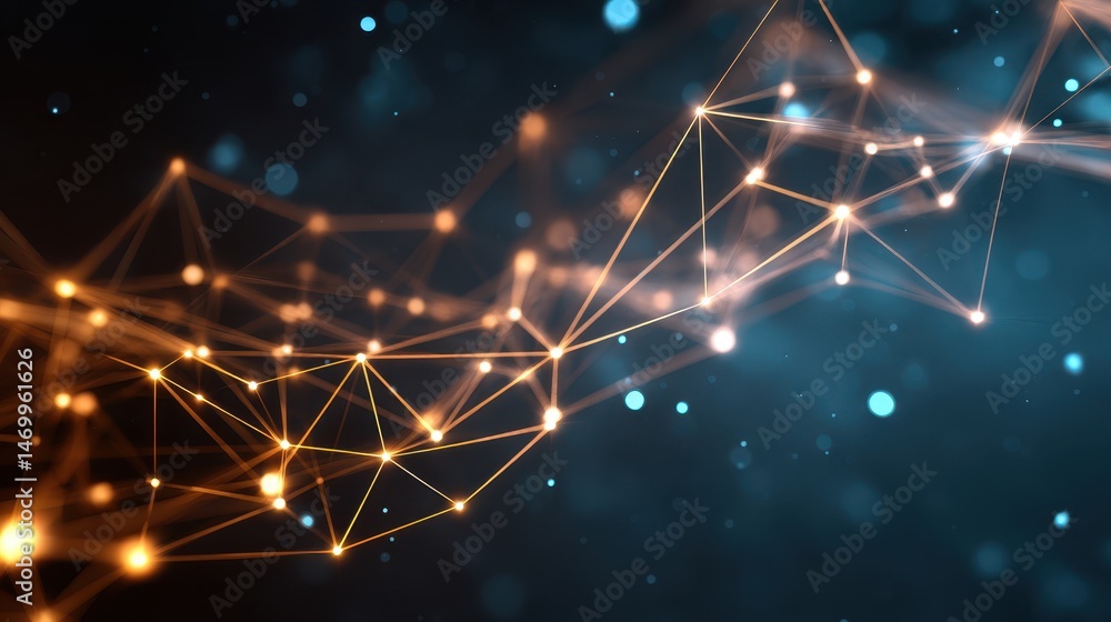 Poster abstract digital design featuring interconnected lines and glowing nodes on a dark background.