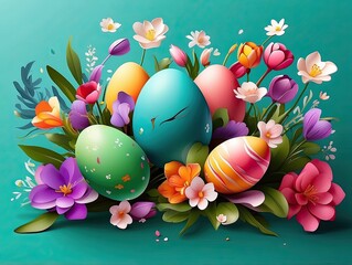 Easter Celebration: 3D Easter Egg with Spring Flowers and Green Background