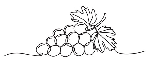 set of black Line Art Grape Bunches with Leaves, Single Line Drawing of Grapes with Leaf, Grapes in continuous line art drawing style, 