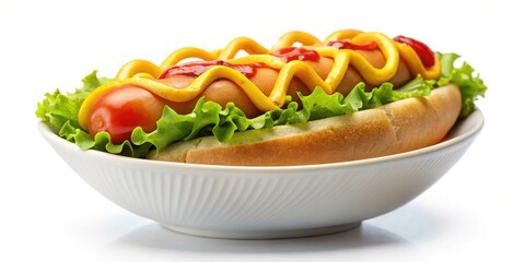 A delectable hot dog nestled in a crisp bun, adorned with vibrant lettuce, tangy mustard, and sweet ketchup, served elegantly in a pristine white bowl.