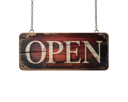 Rustic open sign isolated on transparent background, png - Powered by Adobe