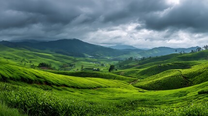 Obraz premium Green hills under a cloudy, dramatic sky