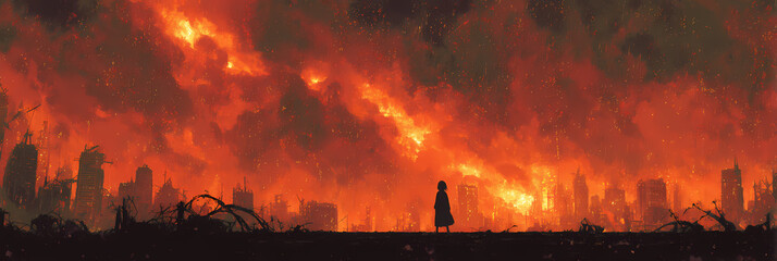 Epic Anime Manga Illustration of a Giant Fire God in a Fiery Battle