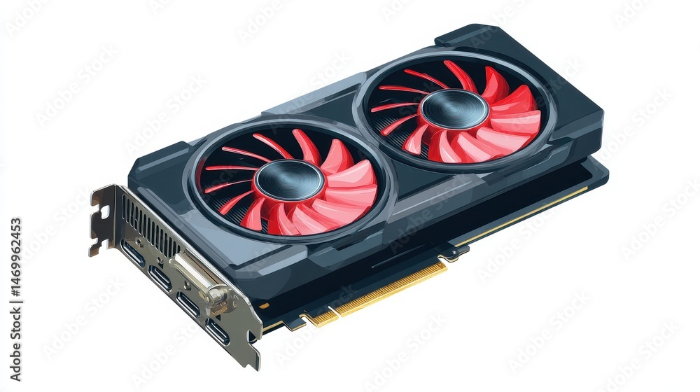 Poster graphic rendering of a dual-fan graphics card showcasing its cooling system and design features.