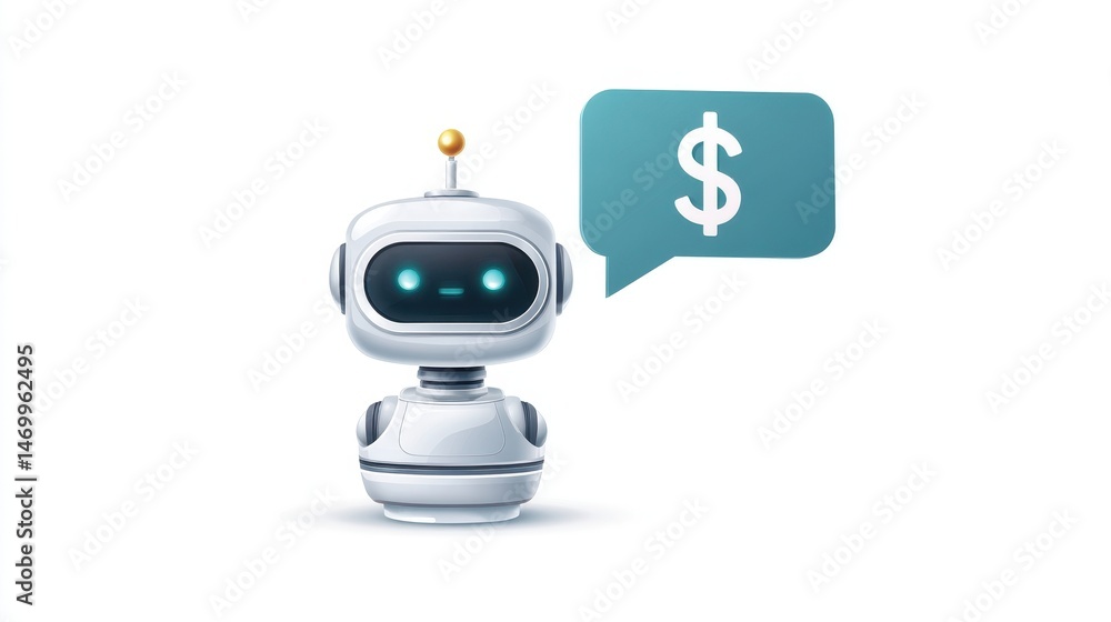 Poster a friendly robot with a speech bubble displaying a dollar sign, symbolizing finance and technology.