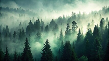 Misty Evergreen Forest, Sunlight Filtering Through the Canopy, Creating an Enchanting Atmosphere