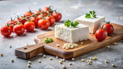 Artisan Cheese Blocks with Cherry Tomatoes and Herbs on Wooden Cutting Board