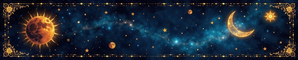 Fototapeta premium Golden celestial frame, mystical boho style, stars, moons, suns , spiritual, mystical