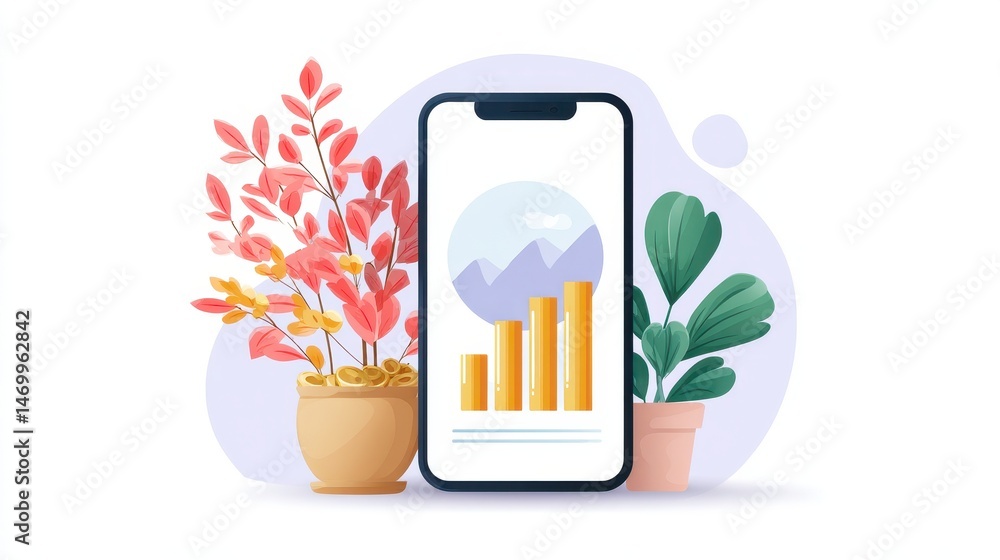Poster a smartphone displaying a bar graph is surrounded by potted plants, symbolizing growth and data anal