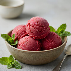 Delicious Red Raspberry Sorbet Ice Cream Scoops in Bowl: Food Photography