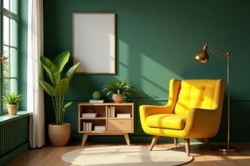 Honey yellow armchair, gold lamp, lush plants, elegant accessories Retro chic living room , honey yellow armchair, yellow