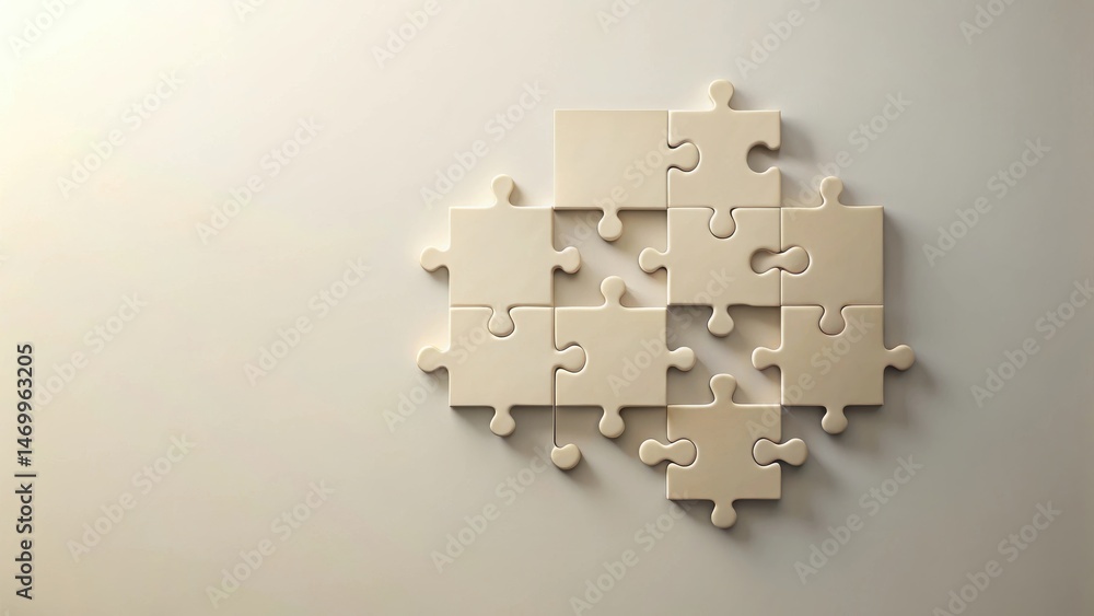 Poster cream-colored puzzle pieces interlock, forming a cohesive whole, symbolizing teamwork and collaborat