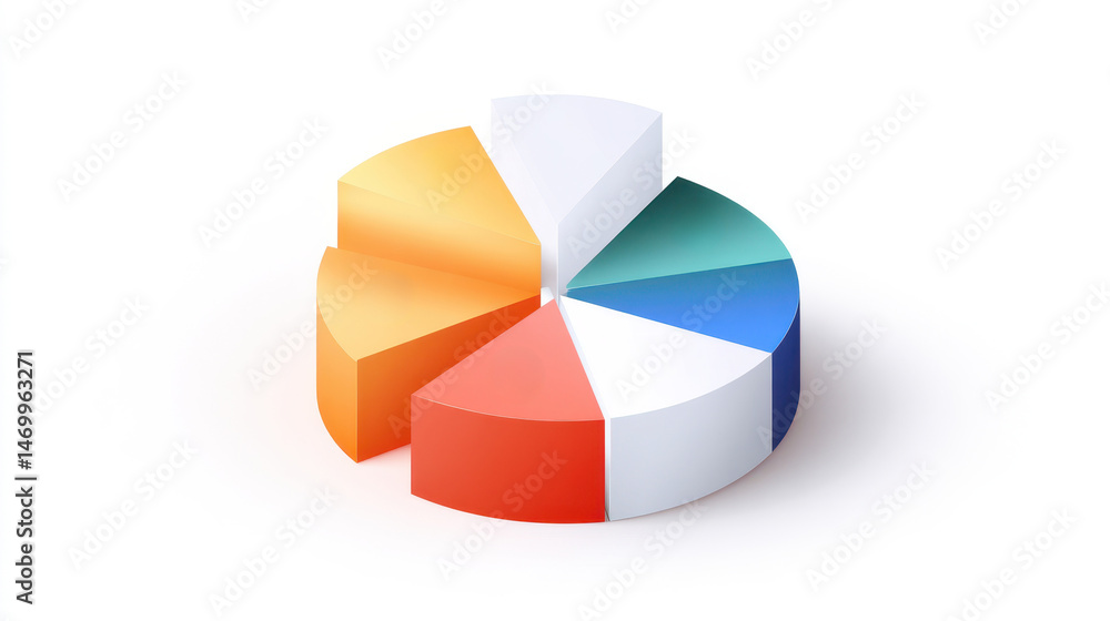 Poster 3d pie chart with colorful segments representing data visualization or statistical information.