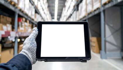 Warehouse Worker Using Tablet Computer with Blank Screen