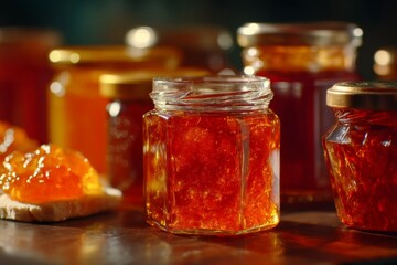 Delicious marmalade jars are the main focus of this close-up shot showcasing fresh, vibrant preserves.