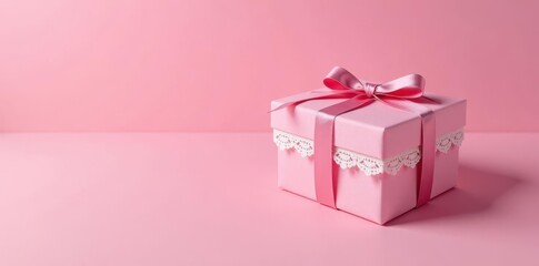 Pink gift box with white lace trim and a small satin bow , detail, lace