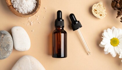 Essential oil extraction process home product photography natural environment top-down view aromatherapy concept