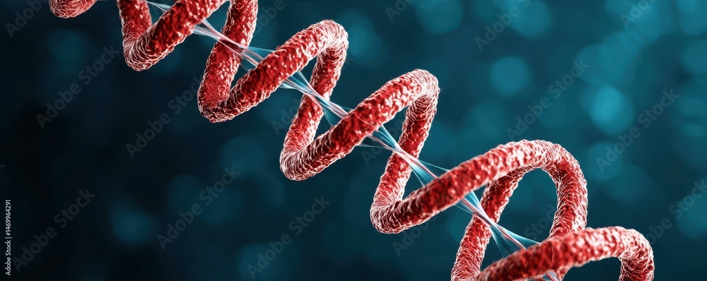Poster a close-up of a red dna double helix strand set against a blue, blurred background.