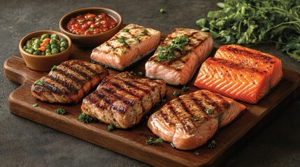 A rustic wooden board featuring an assortment of grilled steaks, including salmon, pork, and beef, garnished with fresh herbs and surrounded by colorful condiments.
