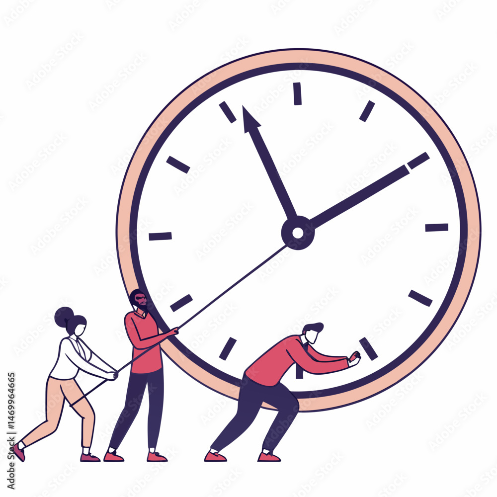 Poster team effort struggling to move giant clock representing time management concept