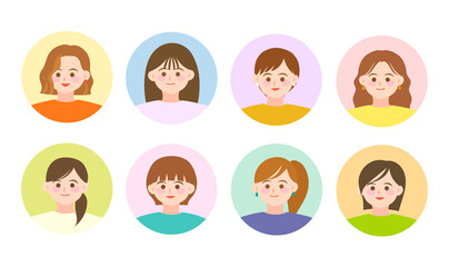 笑顔の女性アイコンセット（8人／シンプル／丸枠）