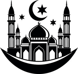 Elegant vector Silhouette of a mosque with domes and minarets, perfect for Ramadan, Eid, and Islamic celebrations.