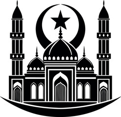 Elegant vector Silhouette of a mosque with domes and minarets, perfect for Ramadan, Eid, and Islamic celebrations.