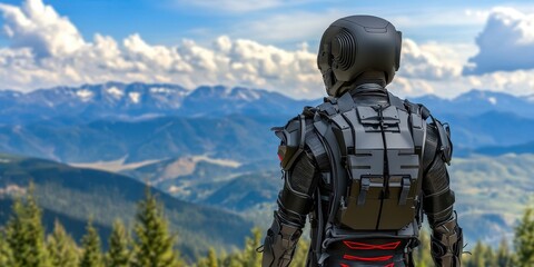 Naklejka premium A futuristic robot stands in a mountainous landscape, gazing at the scenic view under a bright, cloudy sky.