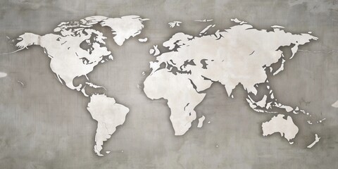 A textured world map etched into a concrete surface, representing global connectivity and exploration
