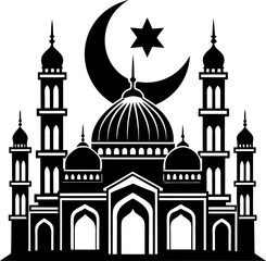 Elegant vector Silhouette of a mosque with domes and minarets, perfect for Ramadan, Eid, and Islamic celebrations.