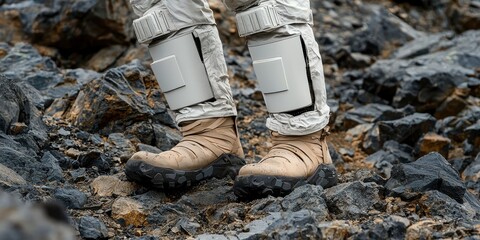 Obraz premium A person wearing astronaut boots and suit stands on rocky terrain, resembling an extraterrestrial or lunar environment.