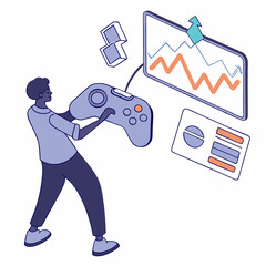 Man with game controller analyzing data financial growth and market trends