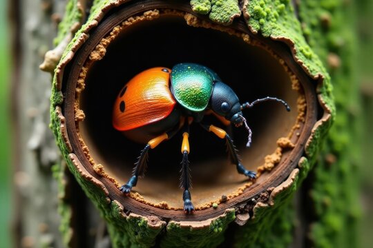 Small poplar borer, Saperda populnea, inside aspen trunk, phloem, insect tunnel, wood destruction